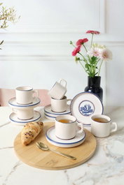 Hermia Juego de Tazas de Té y Platillos Blanco y Azul Marino (12 Piezas)
